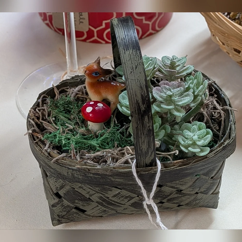 Darling Rustic Green Basket with Faux Succulents and Vintage Deer Figurine - Picture 2 of 3